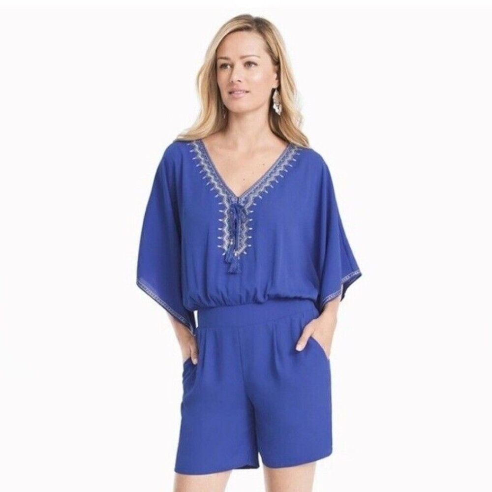 White House Black Market Romper Womens 00 Blue Embroidered Kimono Sleeve
